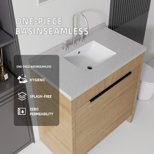 English Elm 36 Inch Freestanding Bathroom Vanity with Cultured Marble Top Soft Close Cabinet Oak Granite White B2775S00194