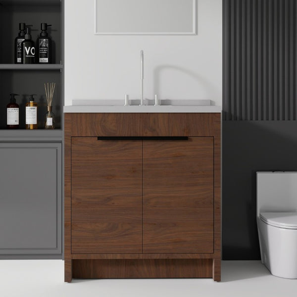 English Elm 36 Inch Freestanding Bathroom Vanity with Cultured Marble Top Soft Close Cabinet Brown Granite White B2775S00195