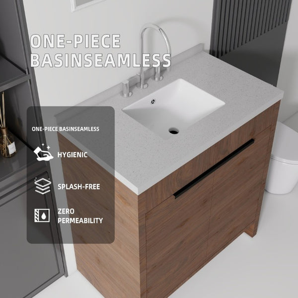 English Elm 36 Inch Freestanding Bathroom Vanity with Cultured Marble Top Soft Close Cabinet Brown Granite White B2775S00195