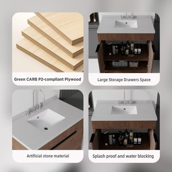 English Elm 36 Inch Freestanding Bathroom Vanity with Cultured Marble Top Soft Close Cabinet Brown Granite White B2775S00195