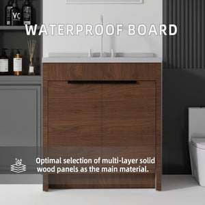 English Elm 36 Inch Freestanding Bathroom Vanity with Cultured Marble Top Soft Close Cabinet Brown Granite White B2775S00195