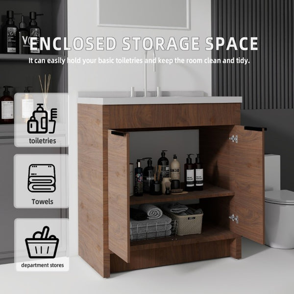 English Elm 36 Inch Freestanding Bathroom Vanity with Cultured Marble Top Soft Close Cabinet Brown Granite White B2775S00195