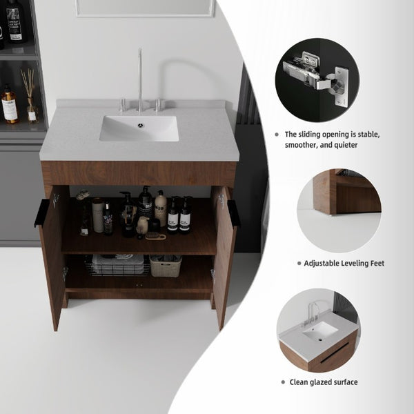 English Elm 36 Inch Freestanding Bathroom Vanity with Cultured Marble Top Soft Close Cabinet Brown Granite White B2775S00195