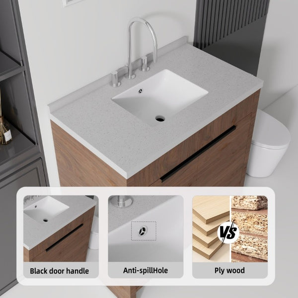 English Elm 36 Inch Freestanding Bathroom Vanity with Cultured Marble Top Soft Close Cabinet Brown Granite White B2775S00195