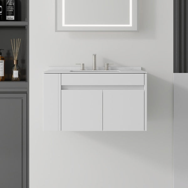 English Elm 30 Inch Floating Bathroom Vanity with Cultured Marble Top Soft Close Door Plywood White Carrara White B2775S00196