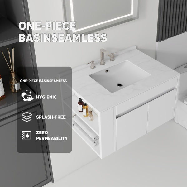 English Elm 30 Inch Floating Bathroom Vanity with Cultured Marble Top Soft Close Door Plywood White Carrara White B2775S00196