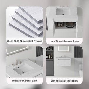English Elm 30 Inch Floating Bathroom Vanity with Cultured Marble Top Soft Close Door Plywood White Carrara White B2775S00196