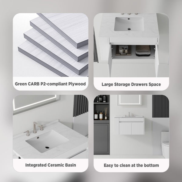 English Elm 30 Inch Floating Bathroom Vanity with Cultured Marble Top Soft Close Door Plywood White Carrara White B2775S00196
