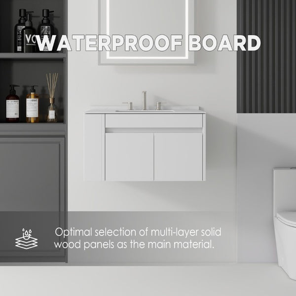 English Elm 30 Inch Floating Bathroom Vanity with Cultured Marble Top Soft Close Door Plywood White Carrara White B2775S00196