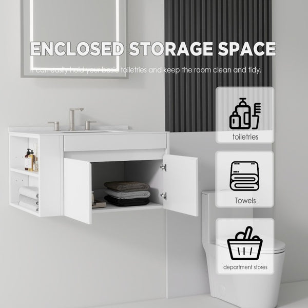 English Elm 30 Inch Floating Bathroom Vanity with Cultured Marble Top Soft Close Door Plywood White Carrara White B2775S00196