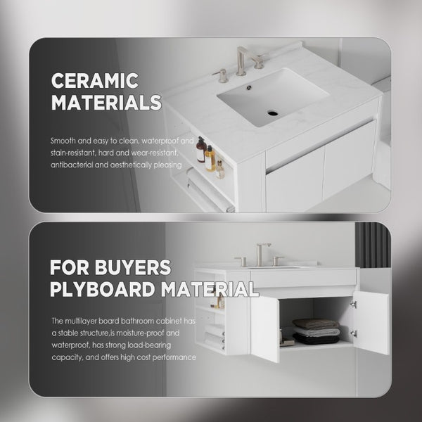 English Elm 30 Inch Floating Bathroom Vanity with Cultured Marble Top Soft Close Door Plywood White Carrara White B2775S00196