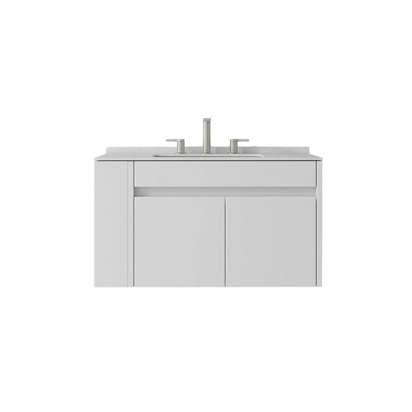 English Elm 30 Inch Floating Bathroom Vanity with Cultured Marble Top Soft Close Door Plywood White Carrara White B2775S00196