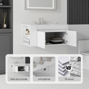 English Elm 30 Inch Floating Bathroom Vanity with Cultured Marble Top Soft Close Door Plywood White Carrara White B2775S00196