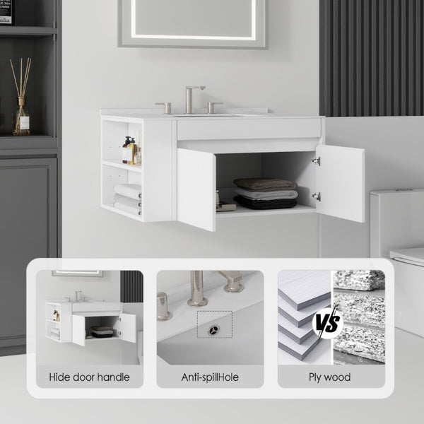 English Elm 30 Inch Floating Bathroom Vanity with Cultured Marble Top Soft Close Door Plywood White Carrara White B2775S00196