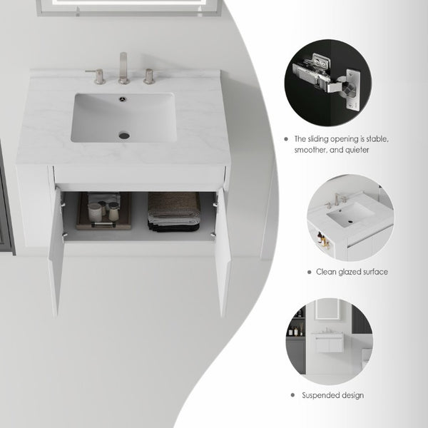 English Elm 30 Inch Floating Bathroom Vanity with Cultured Marble Top Soft Close Door Plywood White Carrara White B2775S00196