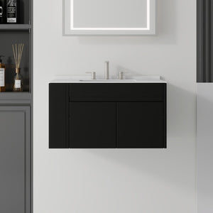 English Elm 30 Inch Floating Bathroom Vanity with Cultured Marble Top Soft Close Door Plywood Black Carrara White B2775S00197