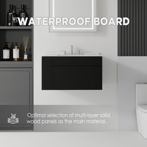 English Elm 30 Inch Floating Bathroom Vanity with Cultured Marble Top Soft Close Door Plywood Black Carrara White B2775S00197