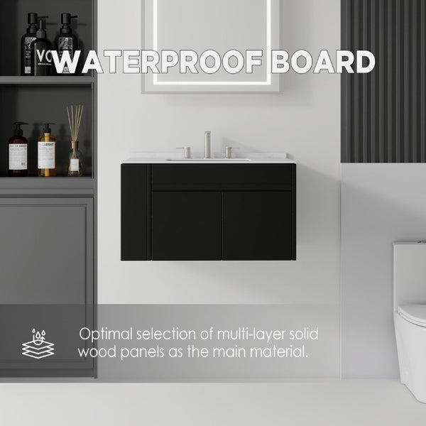 English Elm 30 Inch Floating Bathroom Vanity with Cultured Marble Top Soft Close Door Plywood Black Carrara White B2775S00197