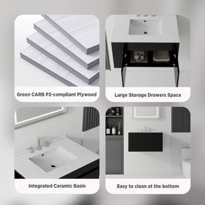 English Elm 30 Inch Floating Bathroom Vanity with Cultured Marble Top Soft Close Door Plywood Black Carrara White B2775S00197