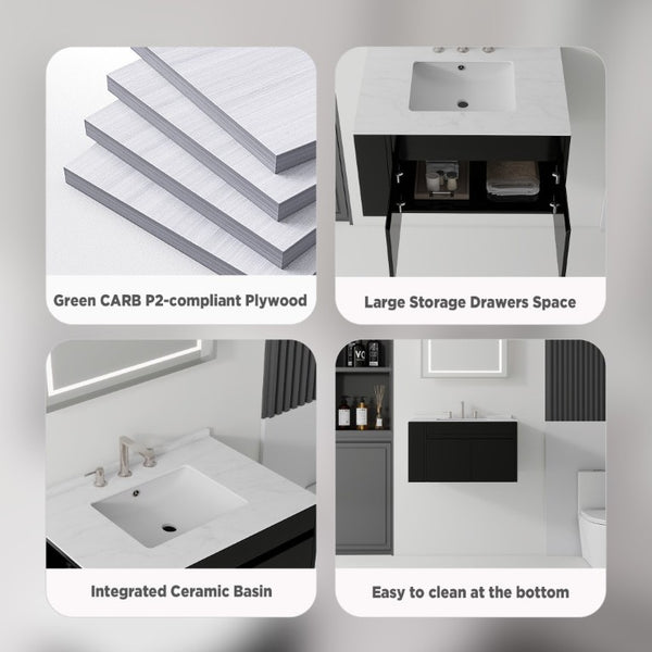 English Elm 30 Inch Floating Bathroom Vanity with Cultured Marble Top Soft Close Door Plywood Black Carrara White B2775S00197