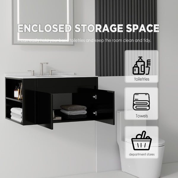 English Elm 30 Inch Floating Bathroom Vanity with Cultured Marble Top Soft Close Door Plywood Black Carrara White B2775S00197
