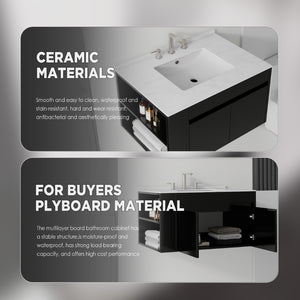 English Elm 30 Inch Floating Bathroom Vanity with Cultured Marble Top Soft Close Door Plywood Black Carrara White B2775S00197