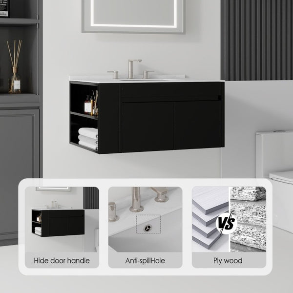 English Elm 30 Inch Floating Bathroom Vanity with Cultured Marble Top Soft Close Door Plywood Black Carrara White B2775S00197