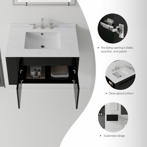 English Elm 30 Inch Floating Bathroom Vanity with Cultured Marble Top Soft Close Door Plywood Black Carrara White B2775S00197