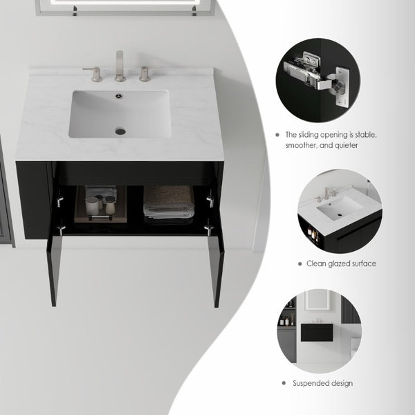 English Elm 30 Inch Floating Bathroom Vanity with Cultured Marble Top Soft Close Door Plywood Black Carrara White B2775S00197