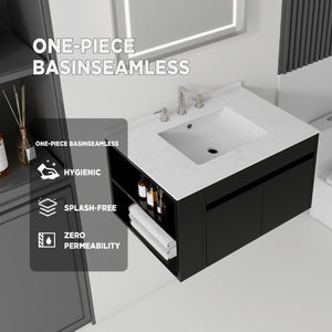 English Elm 30 Inch Floating Bathroom Vanity with Cultured Marble Top Soft Close Door Plywood Black Carrara White B2775S00197