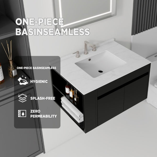 English Elm 30 Inch Floating Bathroom Vanity with Cultured Marble Top Soft Close Door Plywood Black Carrara White B2775S00197