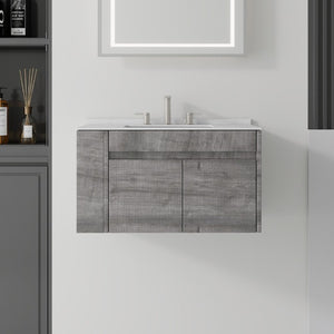 English Elm 30 Inch Floating Bathroom Vanity with Cultured Marble Top Soft Close Door Plywood Grey Carrara White B2775S00198