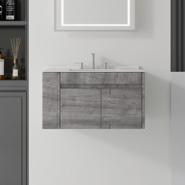 English Elm 30 Inch Floating Bathroom Vanity with Cultured Marble Top Soft Close Door Plywood Grey Carrara White B2775S00198