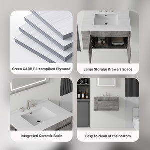 English Elm 30 Inch Floating Bathroom Vanity with Cultured Marble Top Soft Close Door Plywood Grey Carrara White B2775S00198