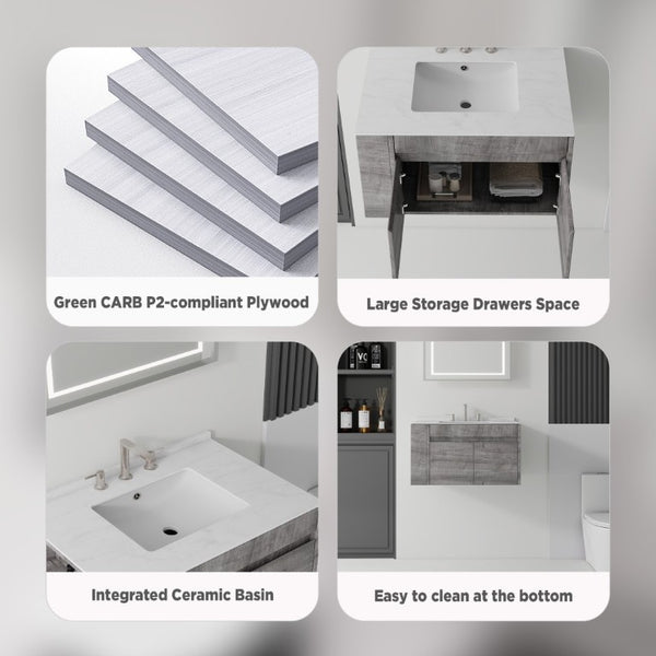 English Elm 30 Inch Floating Bathroom Vanity with Cultured Marble Top Soft Close Door Plywood Grey Carrara White B2775S00198