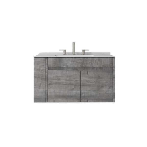 English Elm 30 Inch Floating Bathroom Vanity with Cultured Marble Top Soft Close Door Plywood Grey Carrara White B2775S00198