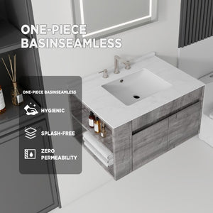 English Elm 30 Inch Floating Bathroom Vanity with Cultured Marble Top Soft Close Door Plywood Grey Carrara White B2775S00198