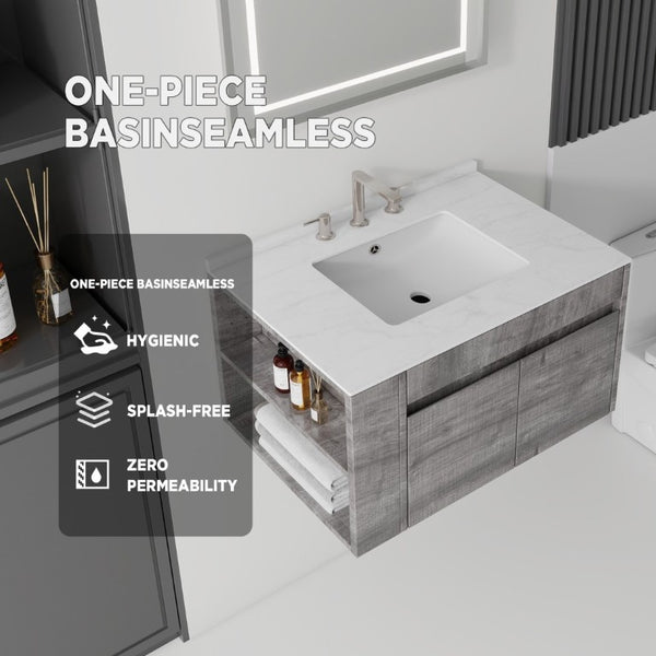 English Elm 30 Inch Floating Bathroom Vanity with Cultured Marble Top Soft Close Door Plywood Grey Carrara White B2775S00198