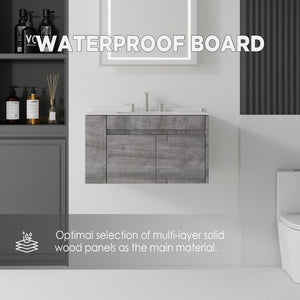 English Elm 30 Inch Floating Bathroom Vanity with Cultured Marble Top Soft Close Door Plywood Grey Carrara White B2775S00198