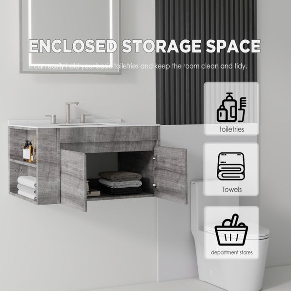 English Elm 30 Inch Floating Bathroom Vanity with Cultured Marble Top Soft Close Door Plywood Grey Carrara White B2775S00198