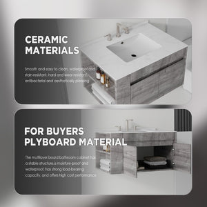 English Elm 30 Inch Floating Bathroom Vanity with Cultured Marble Top Soft Close Door Plywood Grey Carrara White B2775S00198