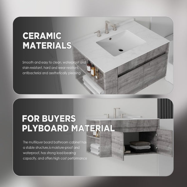 English Elm 30 Inch Floating Bathroom Vanity with Cultured Marble Top Soft Close Door Plywood Grey Carrara White B2775S00198