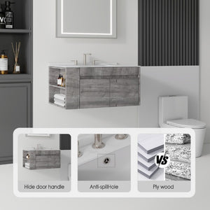 English Elm 30 Inch Floating Bathroom Vanity with Cultured Marble Top Soft Close Door Plywood Grey Carrara White B2775S00198