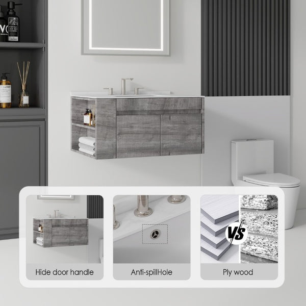 English Elm 30 Inch Floating Bathroom Vanity with Cultured Marble Top Soft Close Door Plywood Grey Carrara White B2775S00198