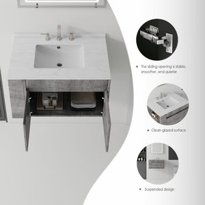 English Elm 30 Inch Floating Bathroom Vanity with Cultured Marble Top Soft Close Door Plywood Grey Carrara White B2775S00198