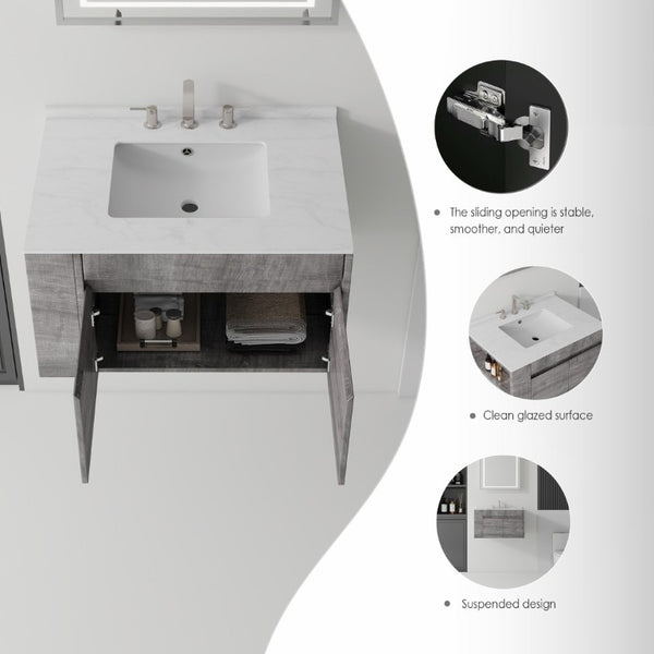 English Elm 30 Inch Floating Bathroom Vanity with Cultured Marble Top Soft Close Door Plywood Grey Carrara White B2775S00198