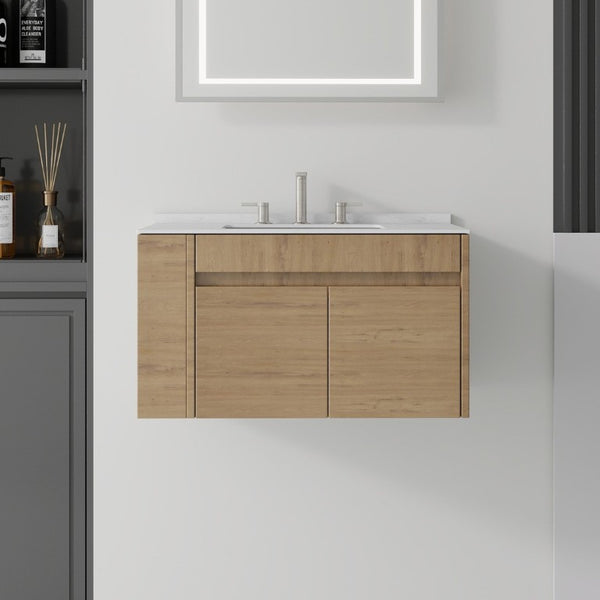 English Elm 30 Inch Floating Bathroom Vanity with Cultured Marble Top Soft Close Door Plywood Oak Carrara White B2775S00199