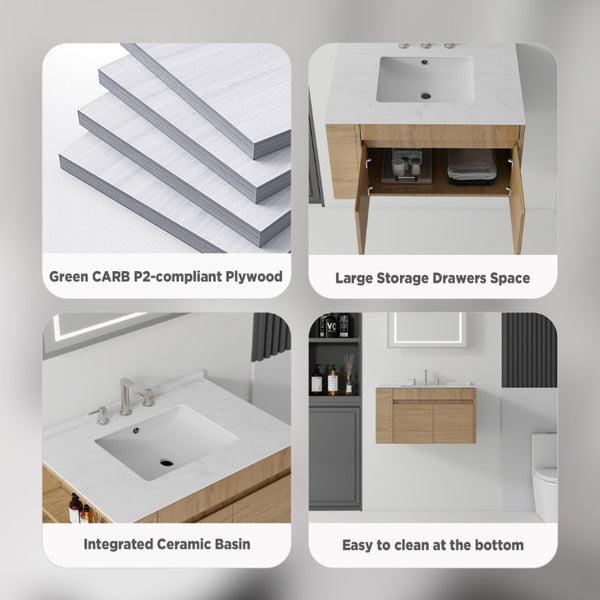 English Elm 30 Inch Floating Bathroom Vanity with Cultured Marble Top Soft Close Door Plywood Oak Carrara White B2775S00199