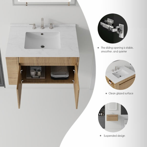 English Elm 30 Inch Floating Bathroom Vanity with Cultured Marble Top Soft Close Door Plywood Oak Carrara White B2775S00199