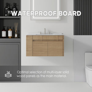 English Elm 30 Inch Floating Bathroom Vanity with Cultured Marble Top Soft Close Door Plywood Oak Carrara White B2775S00199